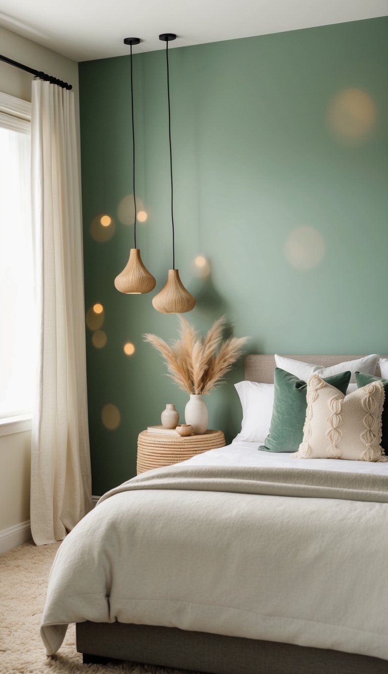 A serene bedroom with a sage green feature wall, adorned with soft, natural decor and warm lighting