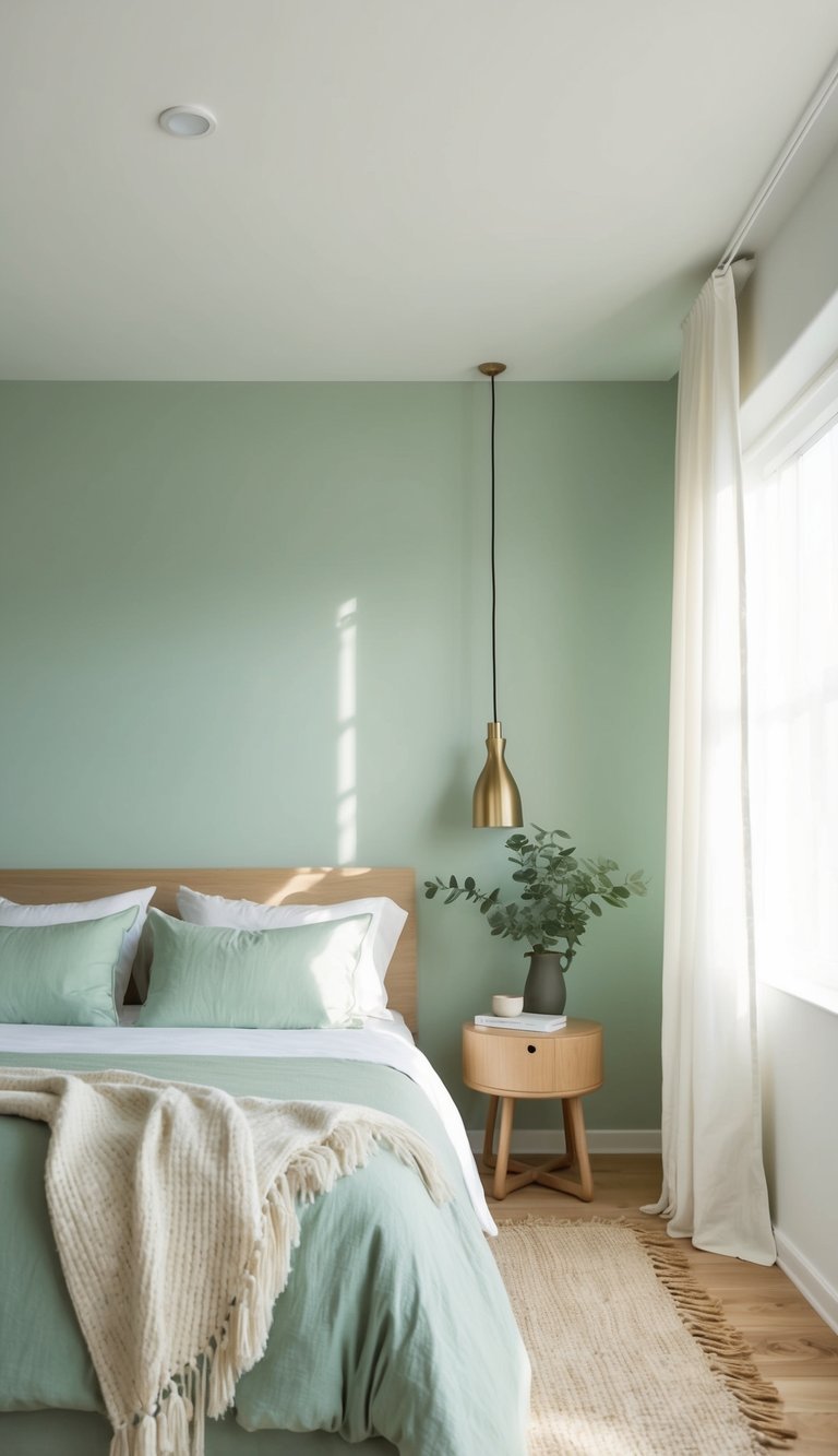 A light sage green bedroom with airy atmosphere, featuring soft textiles and natural light