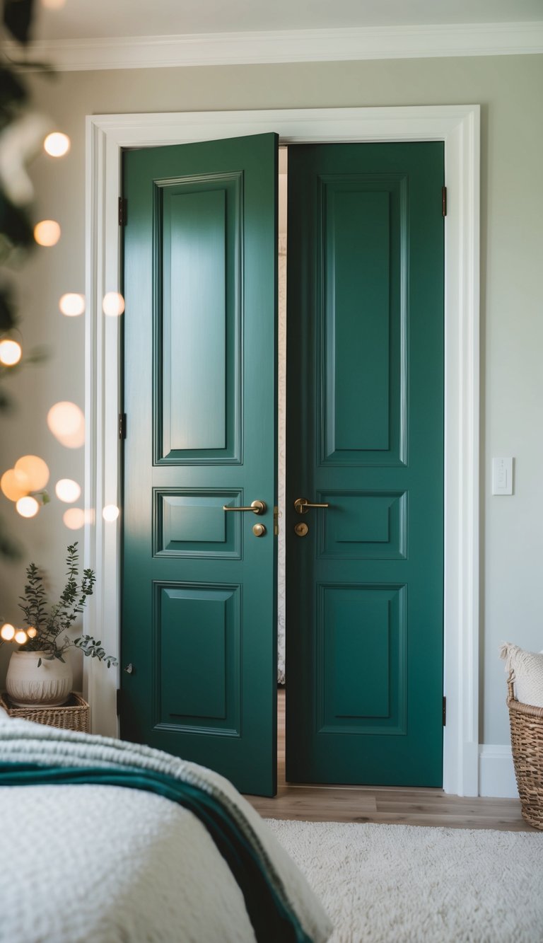 A serene bedroom with deep sage green doors, accented with natural light and cozy decor