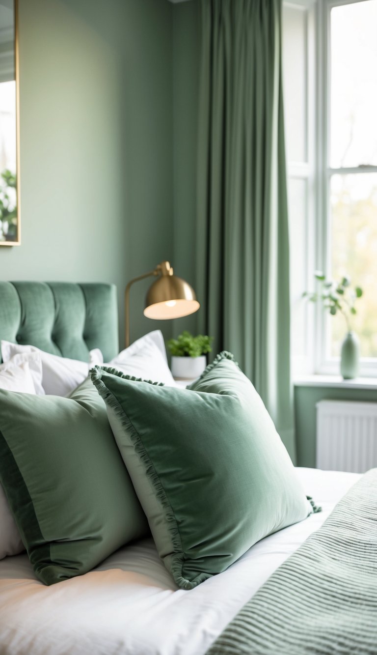 A cozy bedroom with sage green throw pillows on a bed, complemented by soft, muted green decor and natural light streaming through the window