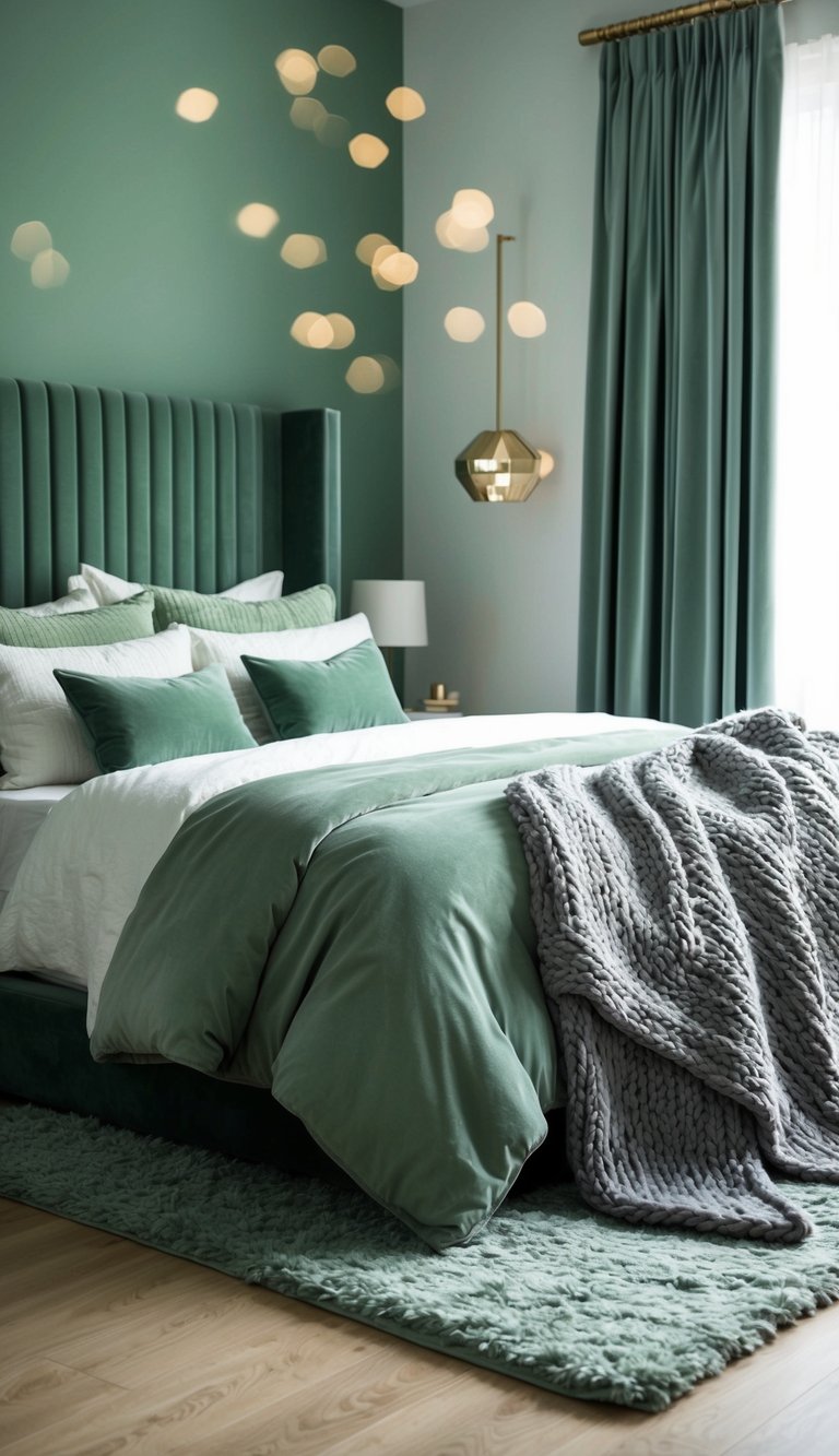 A cozy sage green bedroom with layered textures: a plush rug, velvet curtains, and a knitted throw on the bed