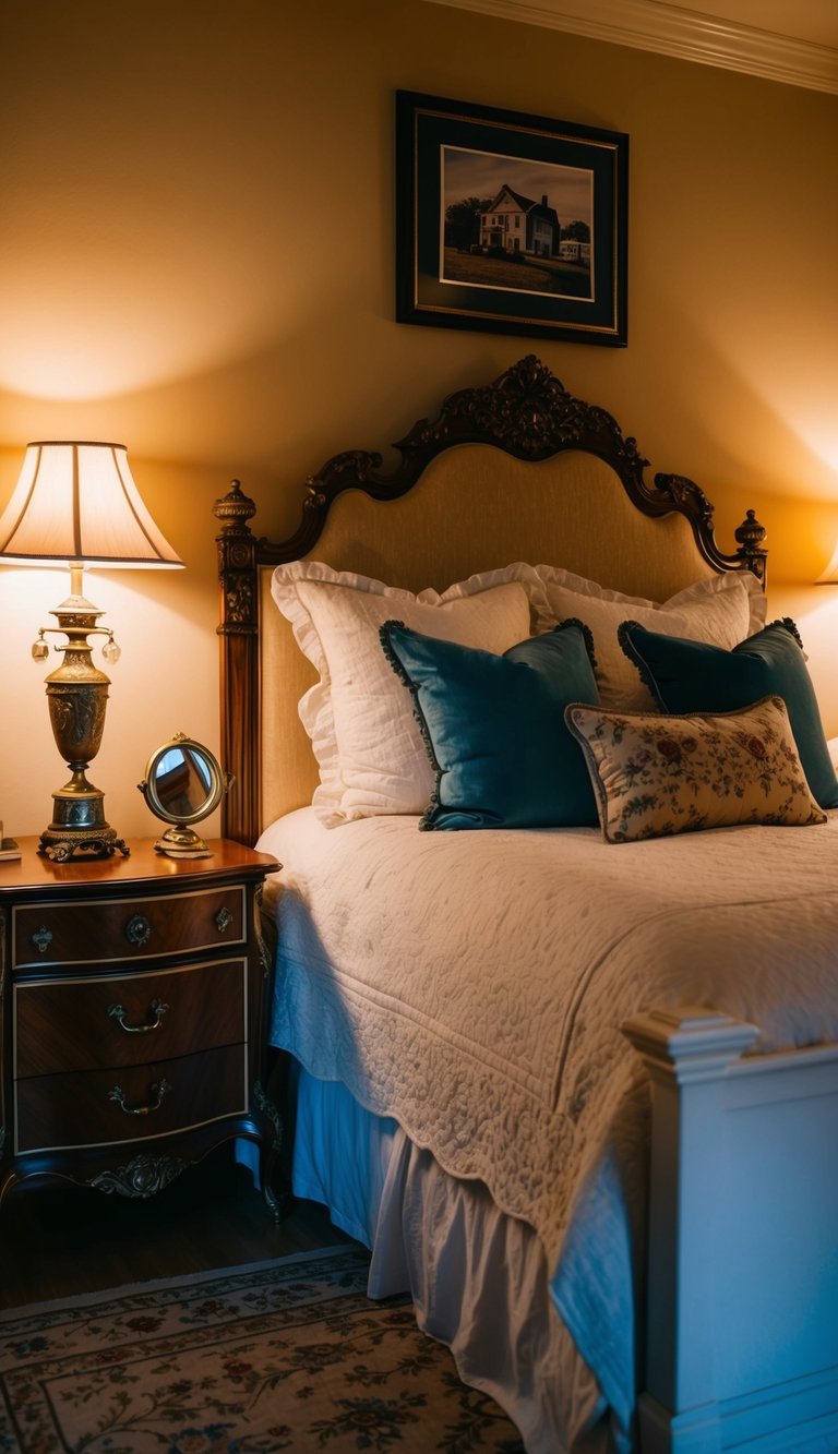 A cozy bedroom with vintage accents, including an ornate headboard, antique lamps, and a classic vanity. Rich, warm colors and soft lighting create a romantic atmosphere