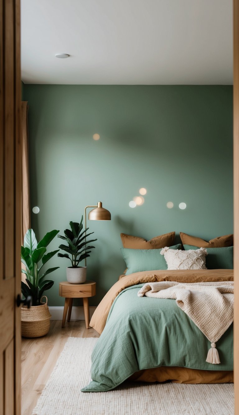 A cozy sage green bedroom with tan accents, featuring soft bedding, potted plants, and natural wood furniture