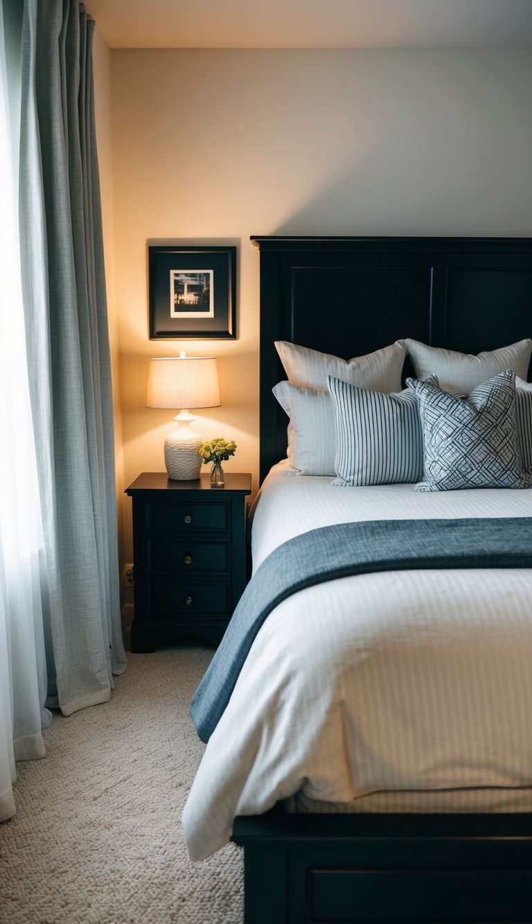 A cozy bedroom with a dark wood bed frame, contrasted by light-colored bedding and curtains, illuminated by a soft bedside lamp