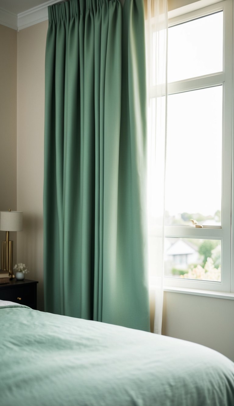 Sage green curtains frame a cozy bedroom with soft, natural light