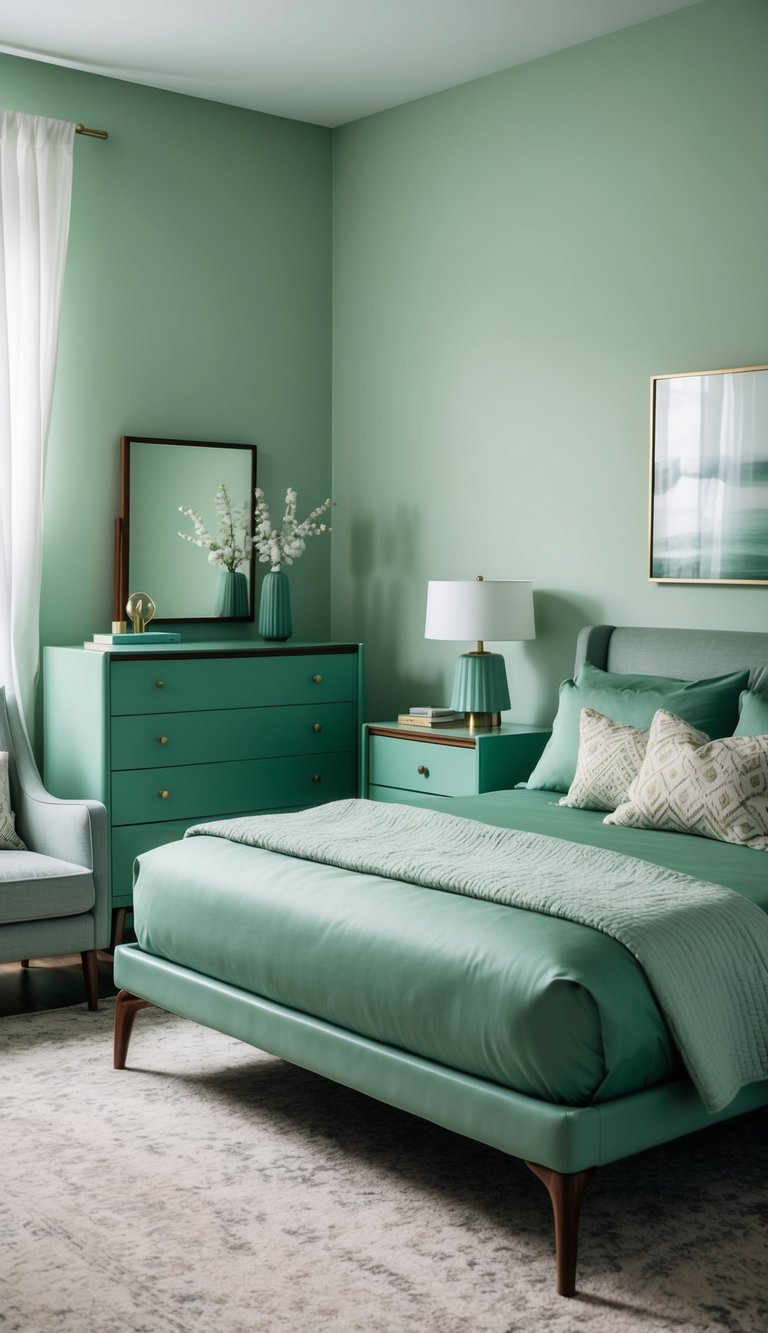 A mid-century bedroom with sage green furniture and decor, featuring a sleek dresser, a cozy armchair, and a stylish bed with sage green bedding