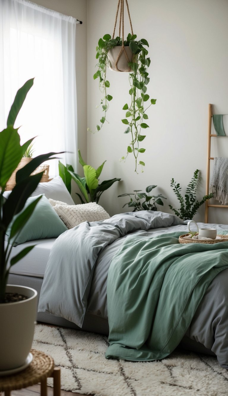 A cozy bedroom with sage green and grey bedding, adorned with plants and natural light, creating a serene and peaceful atmosphere