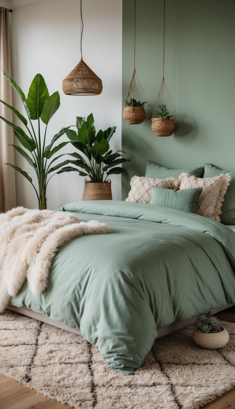 A cozy bedroom with earthy decor elements in sage green: a plush rug, leafy plants, and soft throw pillows on a bed with a sage green duvet