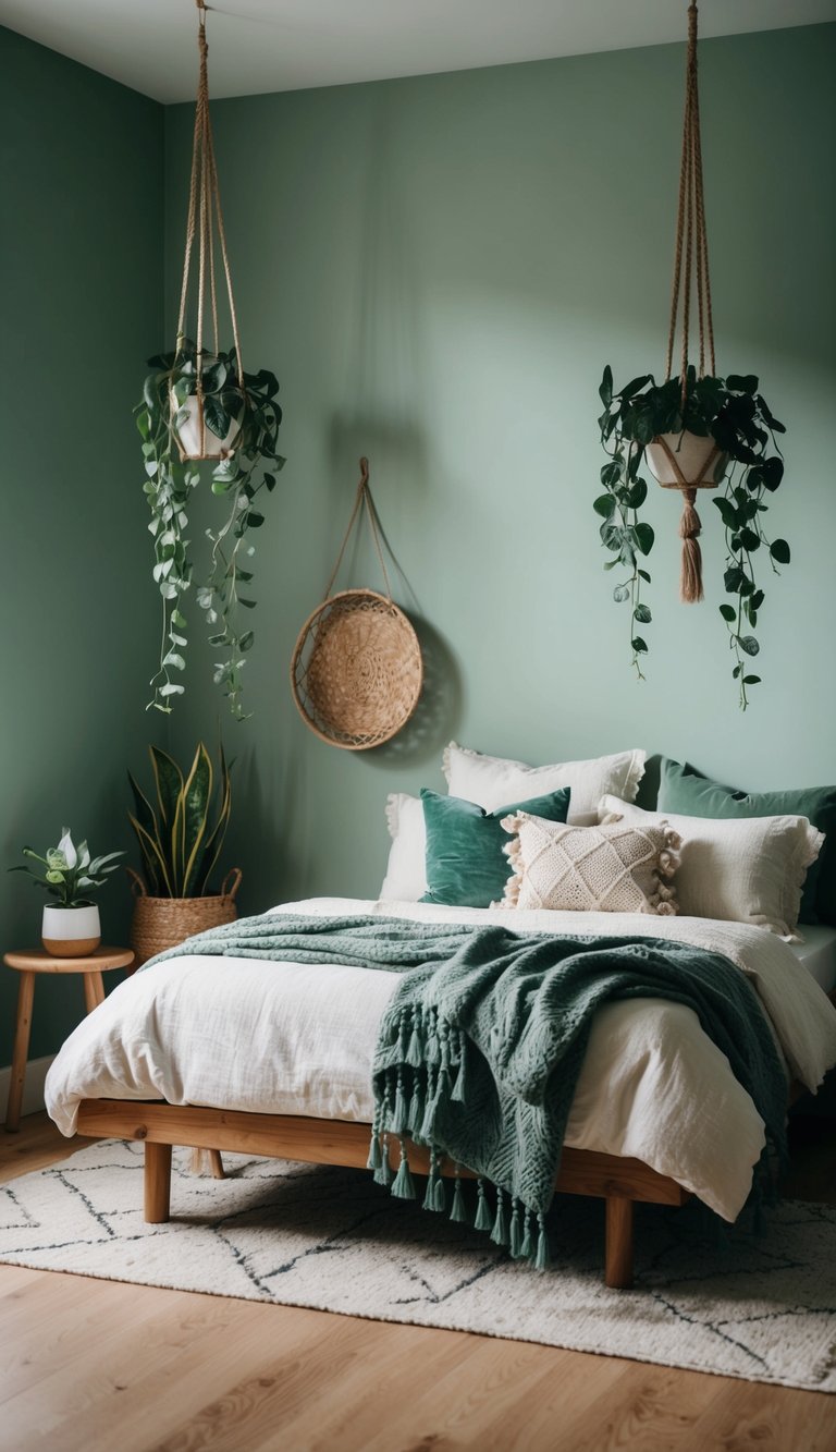 A cozy bohemian bedroom with sage green accents, featuring layered textiles, hanging plants, and natural wood furniture