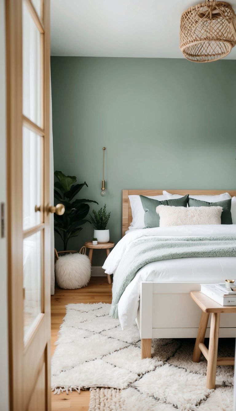 A cozy bedroom with sage green walls, white furniture, and natural wood accents. A fluffy rug and plants add a touch of Scandi-chic style