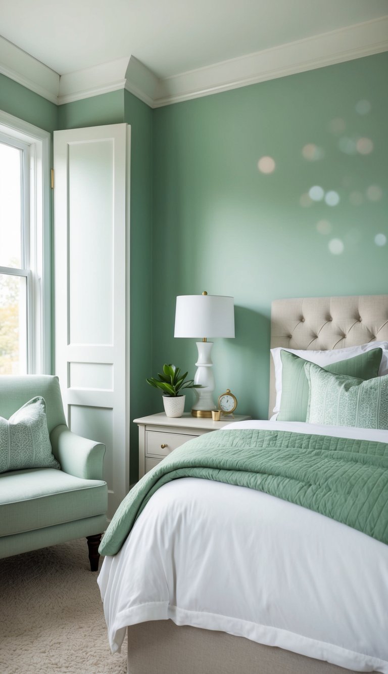 A serene bedroom with sage green walls, white bedding, and soft green accents. A cozy armchair and a small potted plant add to the tranquil atmosphere