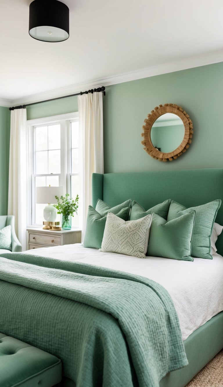 A cozy bedroom with a sage green headboard as the focal point, surrounded by soft, muted green decor and natural light filtering through the window