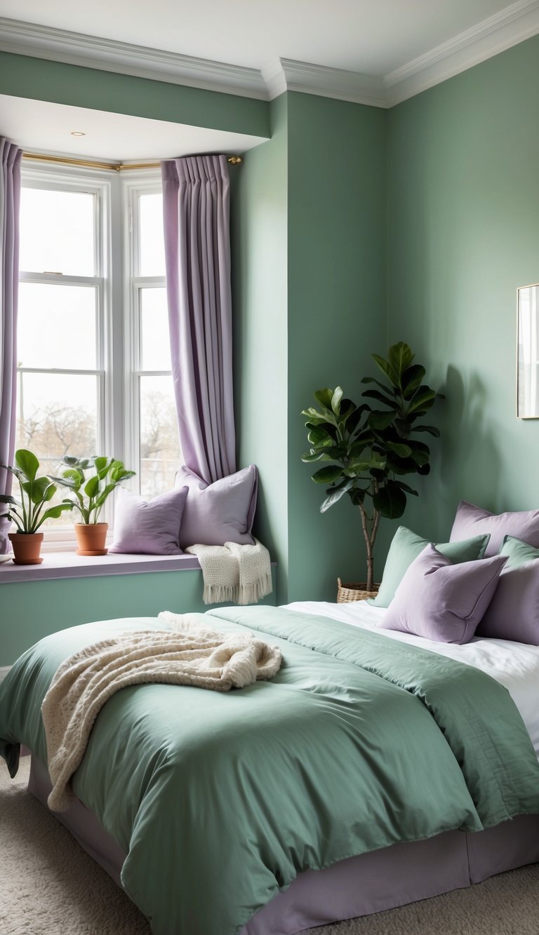 A cozy sage green bedroom with lilac accents, featuring soft bedding, potted plants, and a reading nook by the window