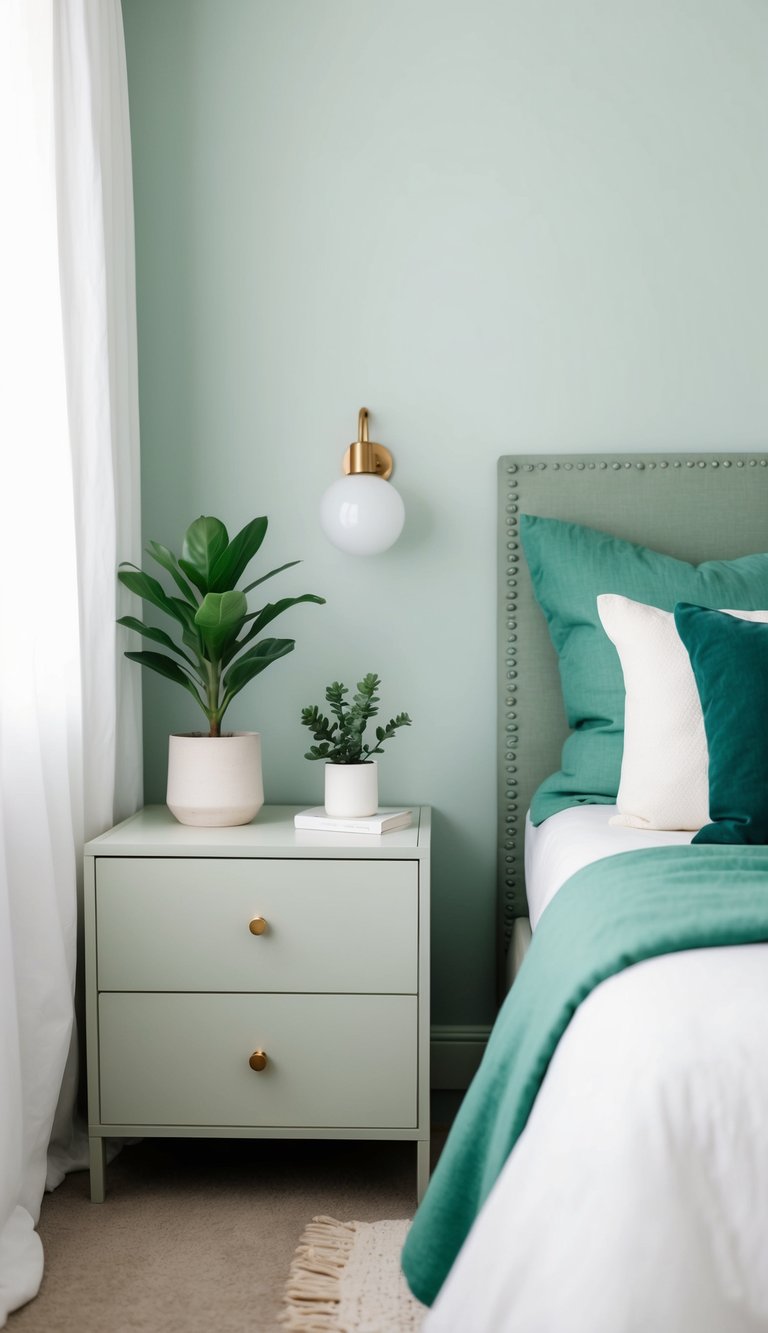 A serene bedroom with sage green accents, including a simple bed, soft throw pillows, and a potted plant on a clean, uncluttered nightstand