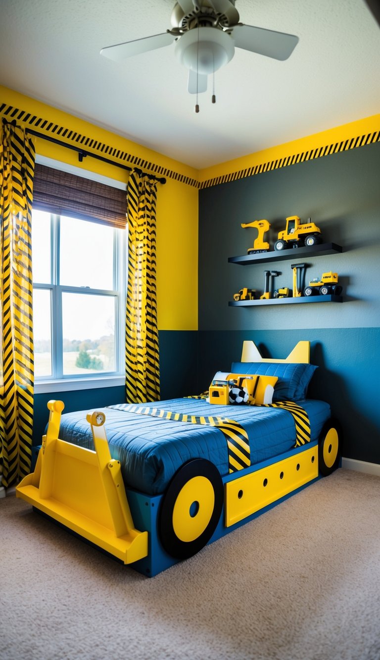 A bedroom with construction-themed decor, including a bed shaped like a bulldozer, caution tape accents, and toy tools displayed on shelves