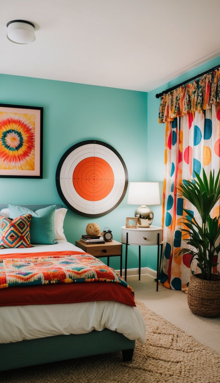 A cozy bedroom with a wall adorned with a colorful target practice paradise decor. A collection of young boy's bedroom ideas includes sports and outdoor themes