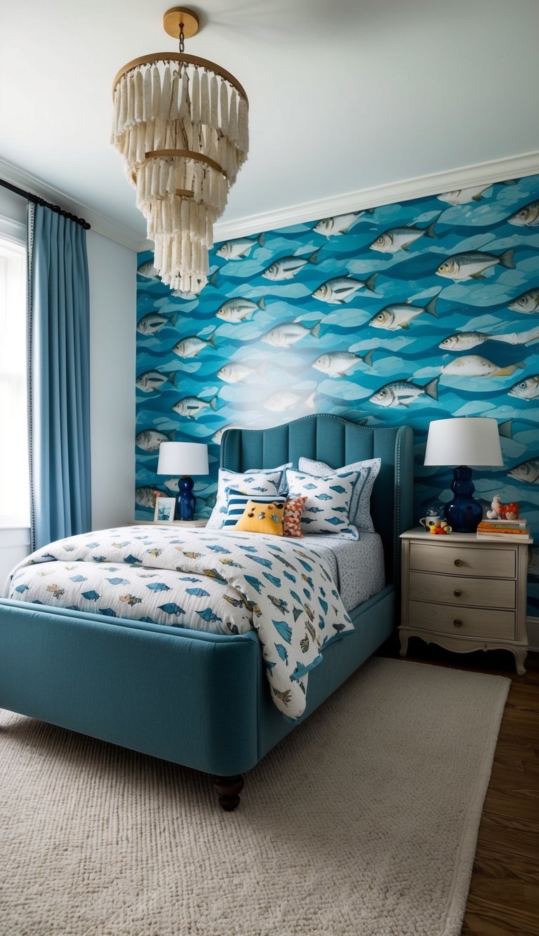 beautiful kids bedroom having beautiful upholstered bed with illustrated fish wallpaper

