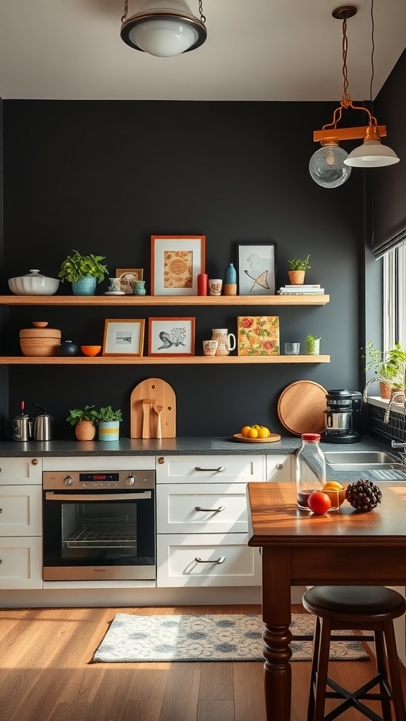 A modern kitchen featuring a black accent wall with white cabinets and wooden decor.