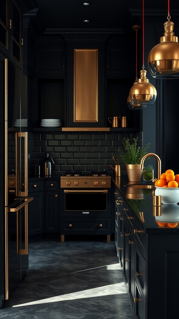 A modern black kitchen featuring brass accents, including light fixtures and appliances, showcasing an elegant and bold design.