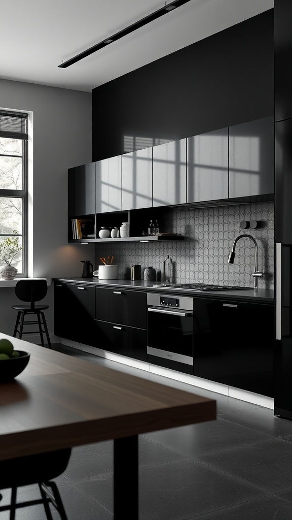 Modern kitchen featuring black and gray cabinetry with a stylish backsplash and natural light.