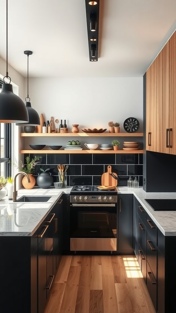 A modern kitchen featuring a combination of black cabinetry and warm wood accents.