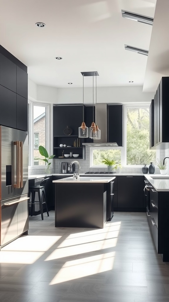 Modern kitchen with black cabinets, natural light, and stylish decor.