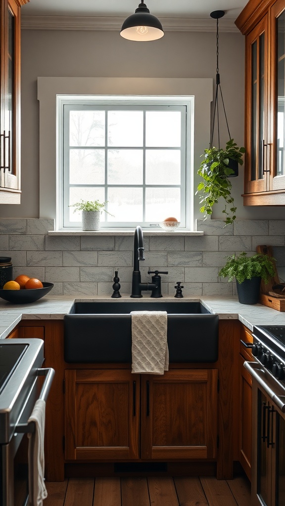 A black farmhouse sink in a wooden kitchen, with a window above it, potted plants, and a stylish faucet.