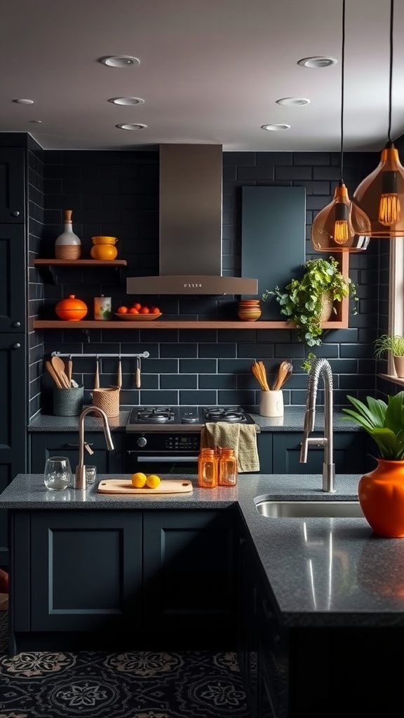 A modern black kitchen featuring colorful accents such as orange decor and plants, complemented by sleek cabinetry.