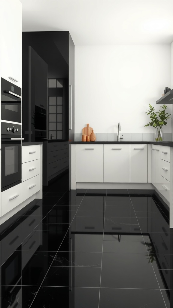 Modern kitchen with black tile flooring and white cabinets