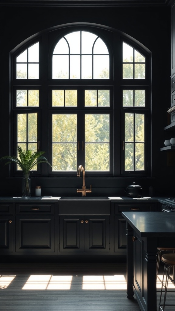 A modern kitchen with black window frames, large windows allowing natural light, and a minimalist dark theme.