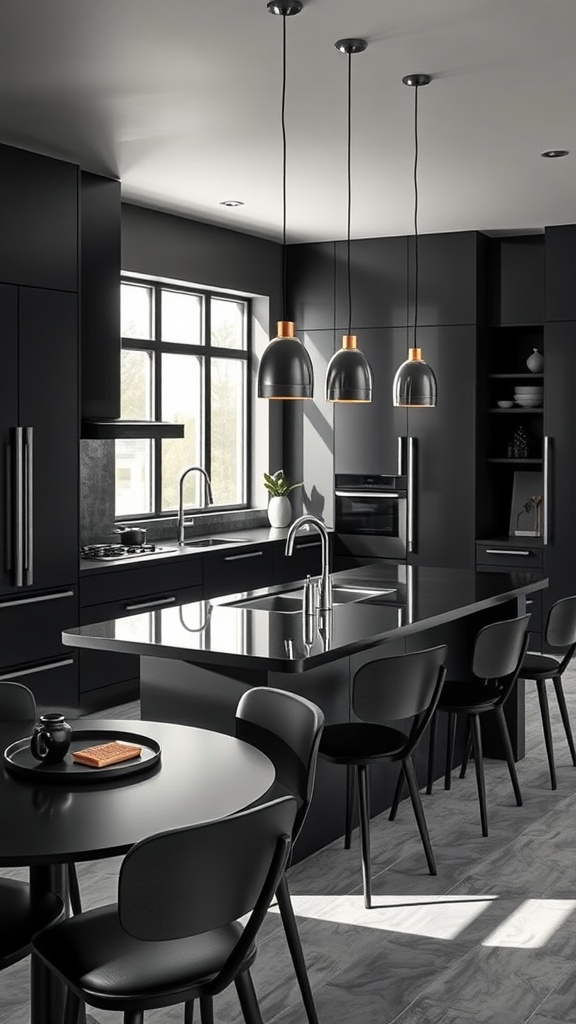 Modern kitchen featuring a bold black island with seating and stylish lighting.