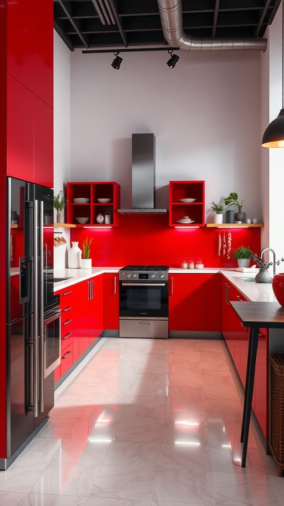 Modern kitchen with bold red cabinets and stainless steel appliances