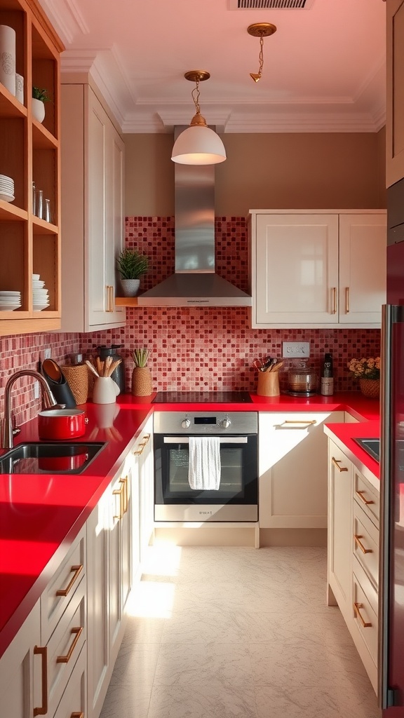 A bright red kitchen with red countertops, white cabinets, and wooden shelves, creating a vibrant and inviting cooking space.