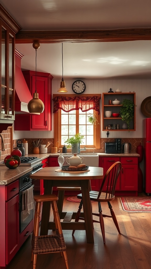 A cozy and charming red farmhouse kitchen with vibrant red cabinets, wooden accents, and a round dining table.