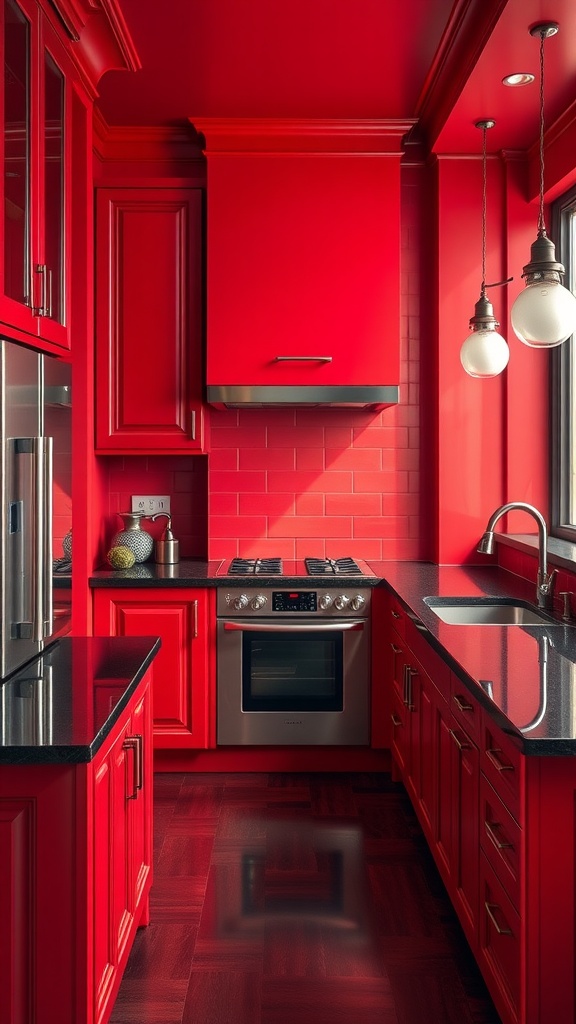 A modern kitchen featuring red cabinetry and black countertops.