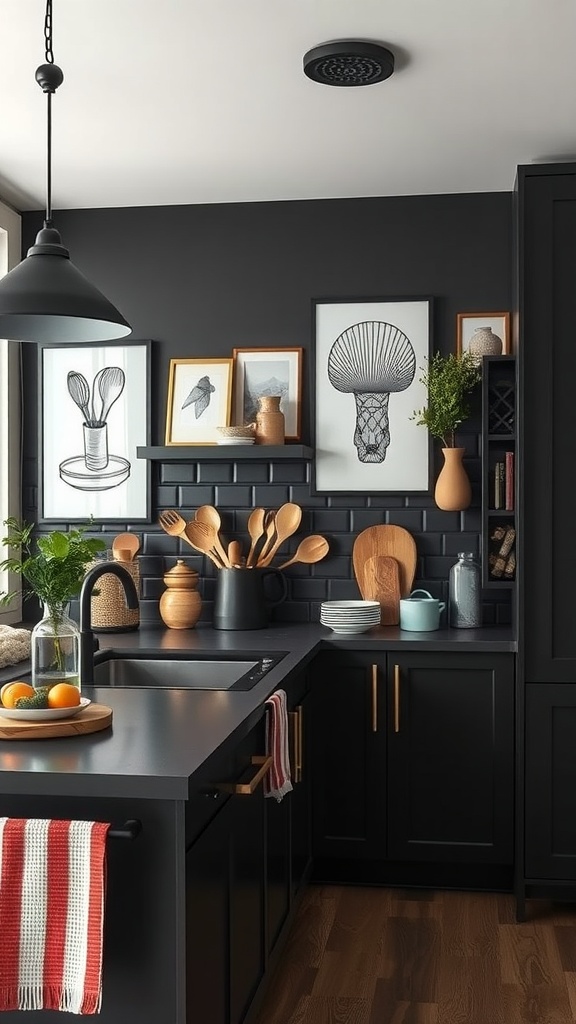 A stylish black kitchen with black cabinetry, wall art, and wooden kitchenware.