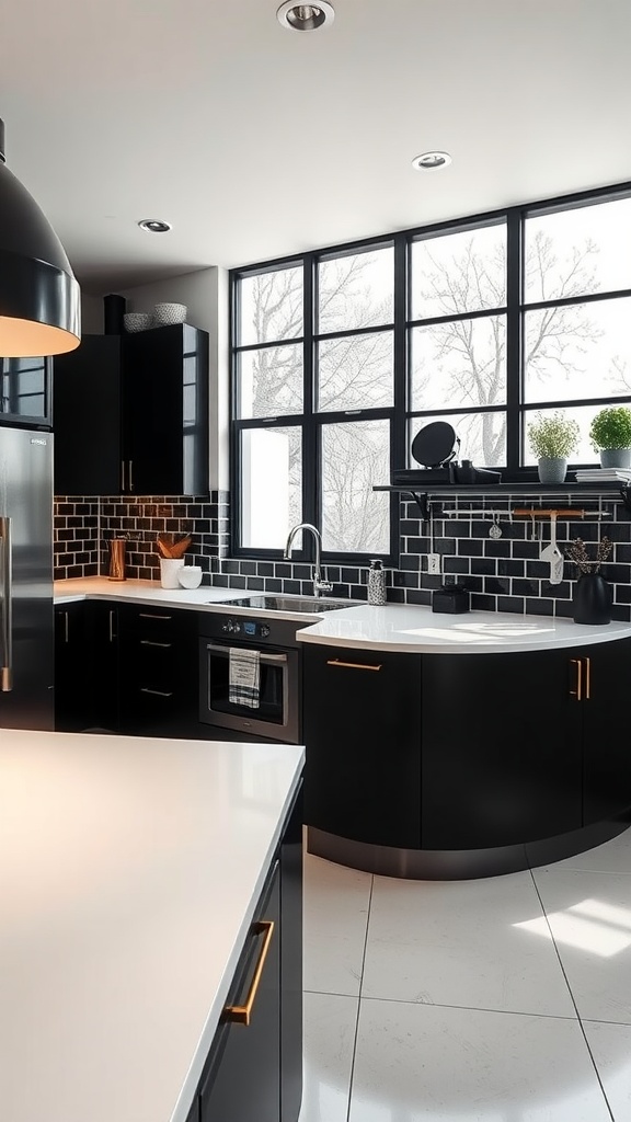 A modern black kitchen featuring sleek black cabinets and white countertops with large windows and natural light.