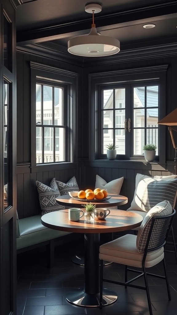 A cozy black nook with a circular wooden table, fresh oranges, and comfy seating.