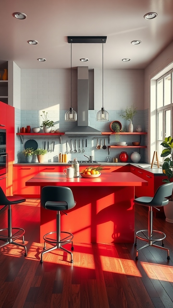 Red kitchen island with bar stools and fruit arrangement