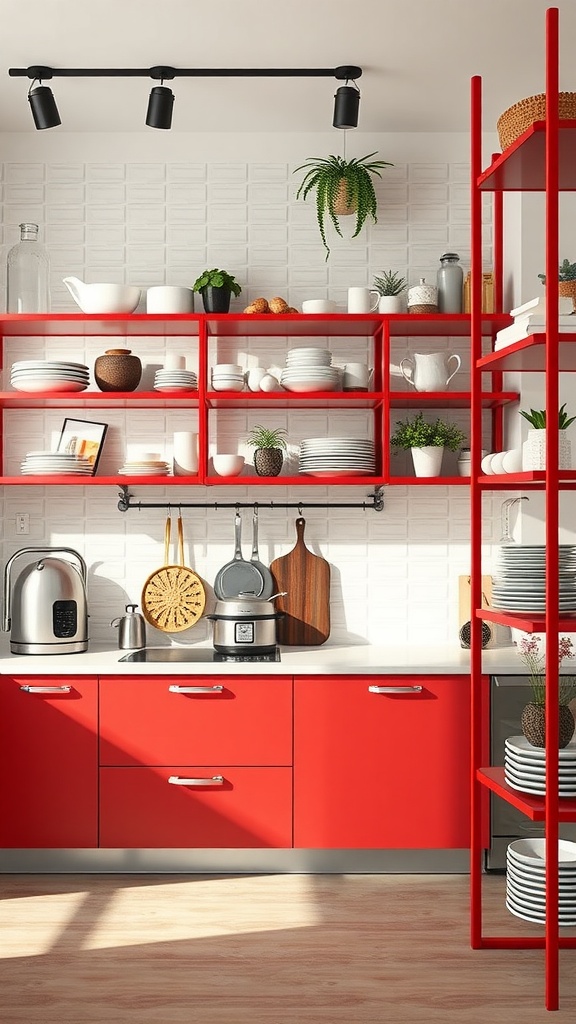 A modern red kitchen featuring dynamic red shelving with dishes and plants.