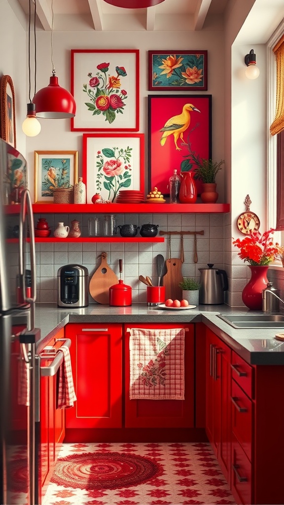 A small kitchen featuring bright red cabinets, eclectic wall art, and vibrant decor elements.