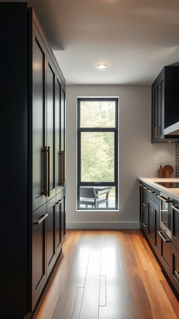 A modern kitchen with elegant black pantry doors and a window allowing natural light in.