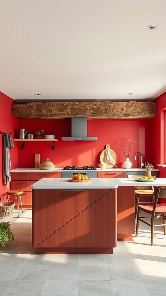 A modern kitchen featuring red walls, wooden accents, and sleek cabinetry.