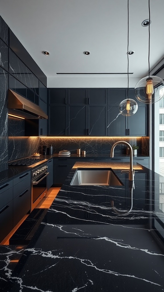 A modern kitchen featuring luxurious black marble surfaces with stylish cabinetry and warm lighting.