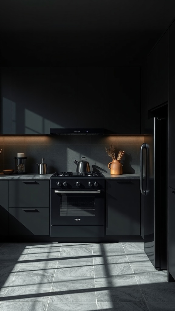 A modern kitchen featuring matte black appliances and cabinetry, complemented by under-cabinet lighting.