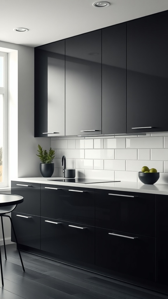 Minimalist black kitchen with glossy cabinets and white tiles