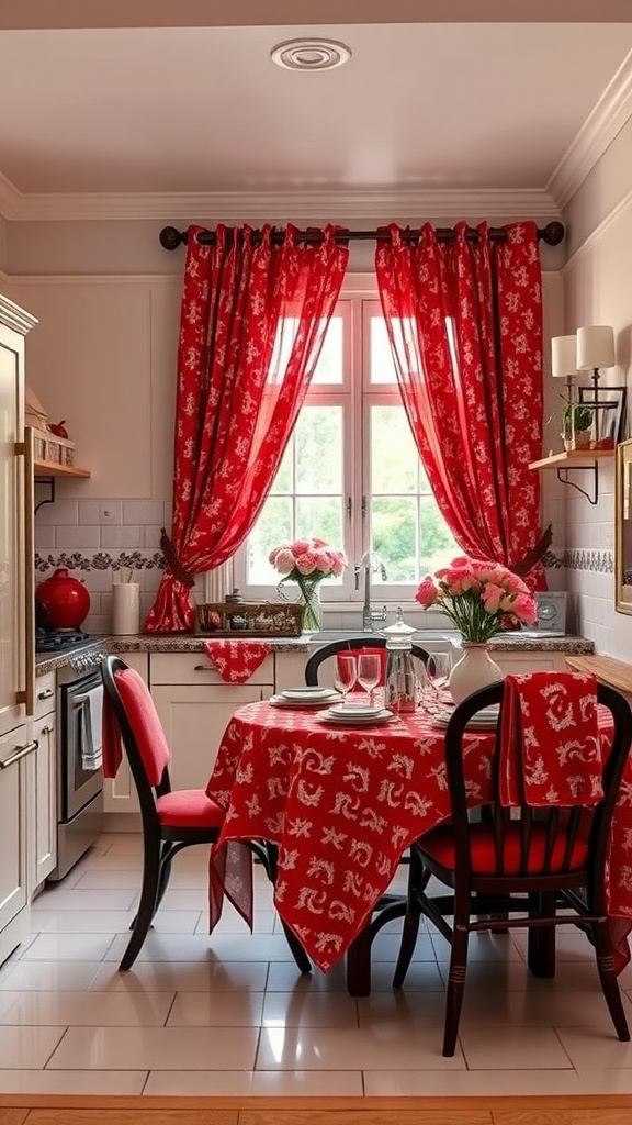 A cozy kitchen featuring playful red patterned curtains and tablecloth, creating a vibrant and inviting atmosphere.