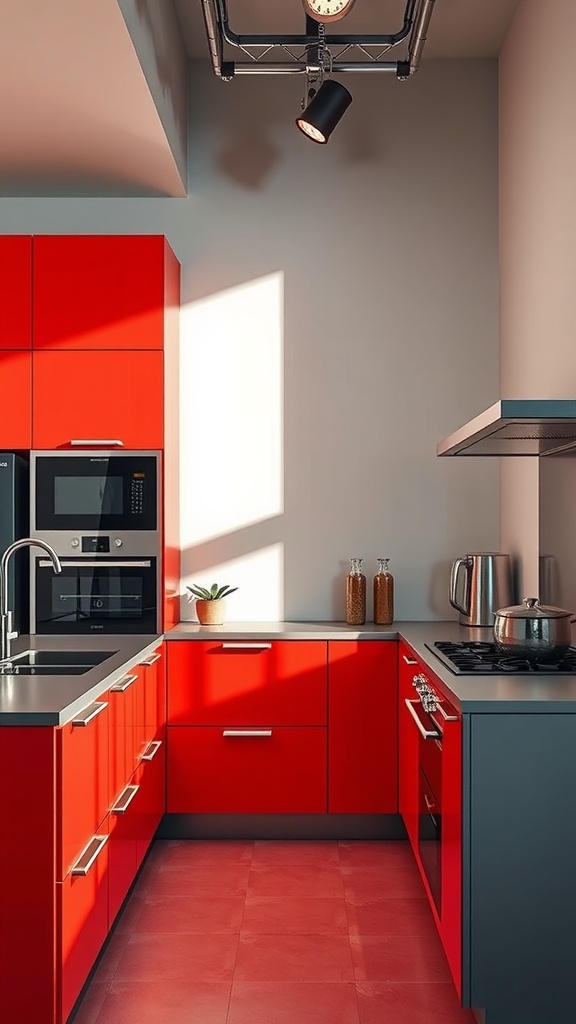 A modern kitchen featuring red cabinets and gray accents, with stainless-steel appliances and natural light.