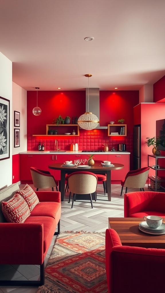 A modern red-themed dining area featuring red cabinetry, comfortable seating, and stylish decor.