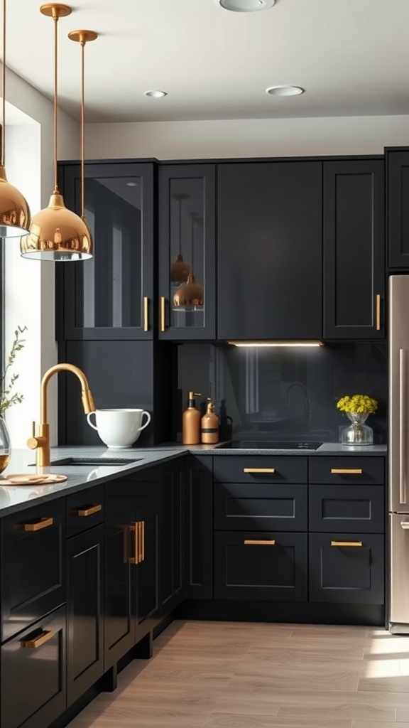 A modern kitchen featuring sleek black cabinets and gold fixtures, complemented by natural light and wooden flooring.